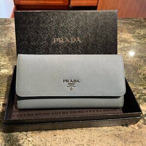PRADA Baby Blue Lago Saffiano Leather Continental Flap Wallet in Original Box